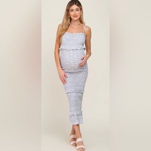 Pinkblush Blue Floral Chiffon Smocked Tiered Square Neck Maternity Midi Dress